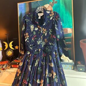 Vintage 90s Karin Stevens Blue Floral Quilted Jacket Dress Size 11/12